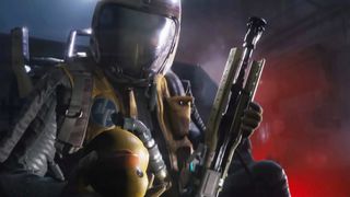 Arc Raiders: A character wearing what looks like a space helmet, crouched behind cover holding a gun in their left hand and a rubber duck in their right hand.
