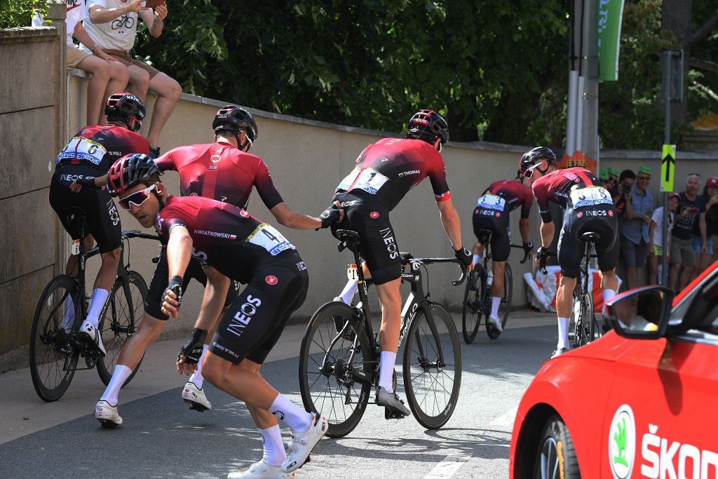 Geraint Thomas gets up after a crash