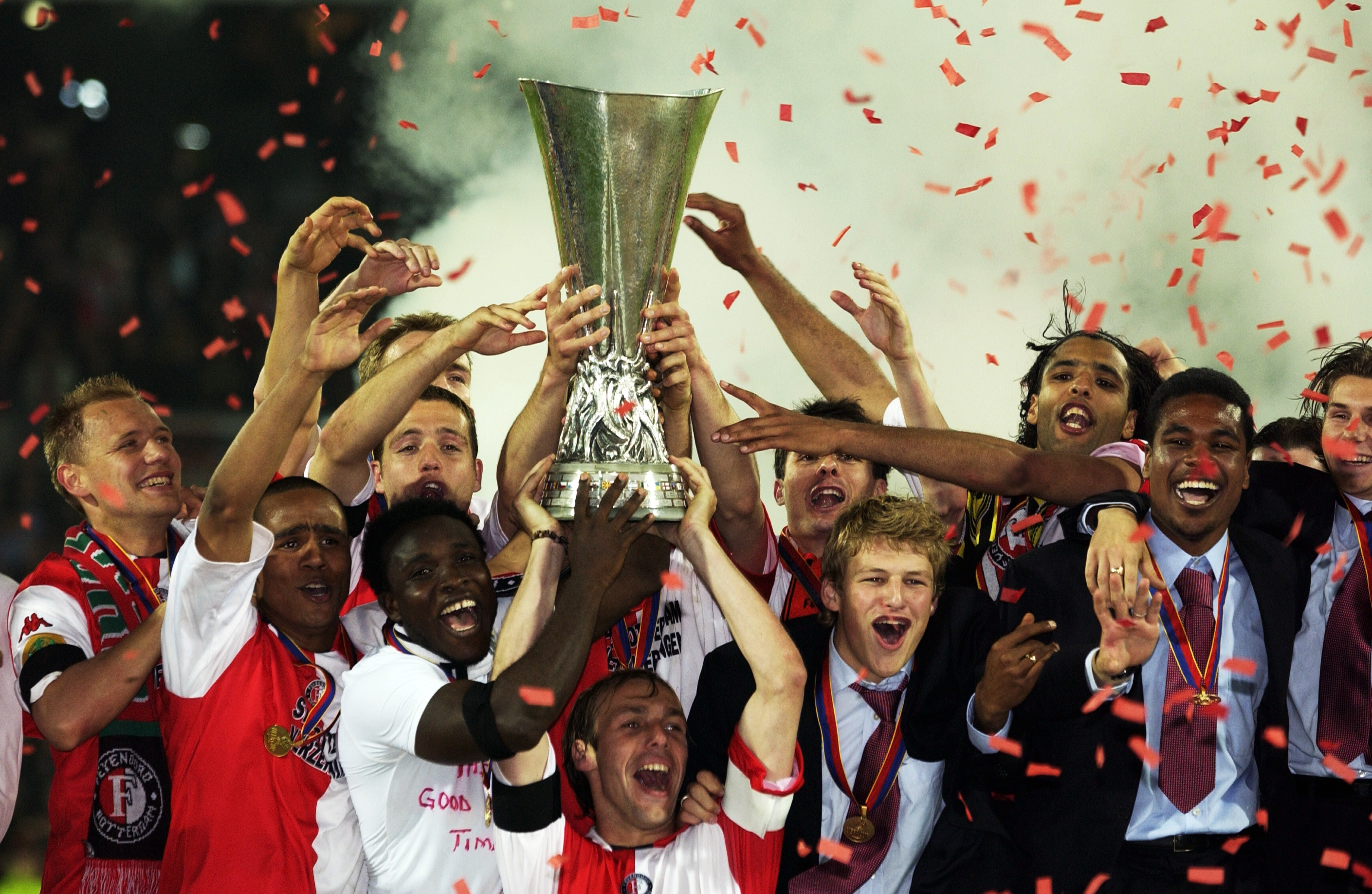 Feyenoord players celebrate after winning the UEFA Cup final against Borussia Dortmund in May 2002.