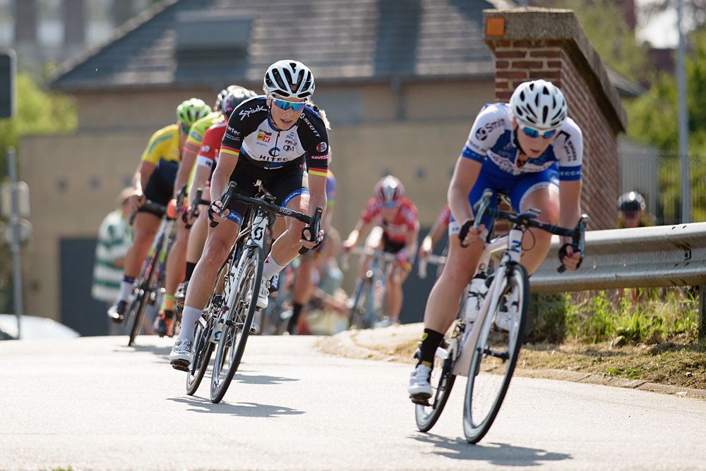 Race is back on. Charlotte Becker (Hitec Products) on the front of the first of three local laps at the 108 km Stage 2 of the Lotto Belgium Tour 2016