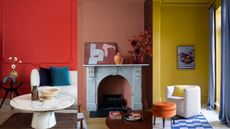 three images of color-drenched living rooms