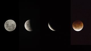 This composite image shows the moon in various stages of the Super Flower Blood Moon total lunar eclipse in Christchurch, New Zealand on May 26, 2021. 