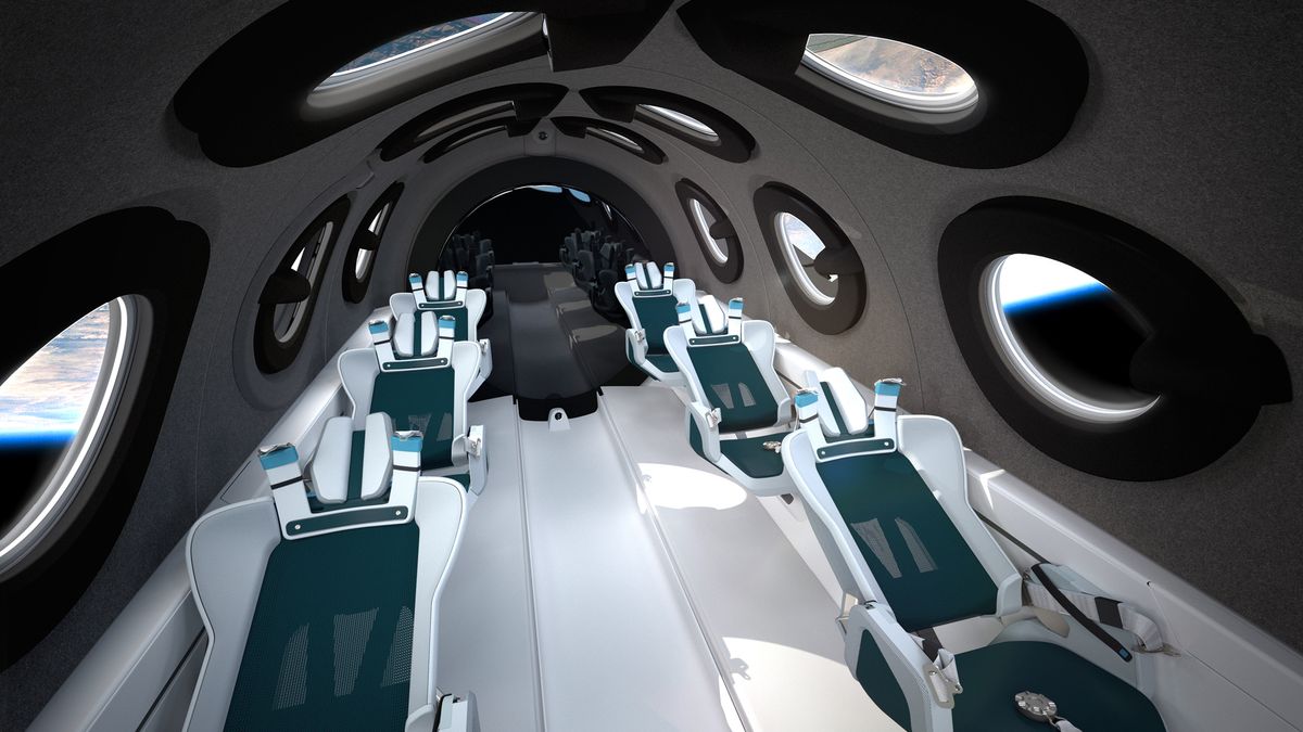 Virgin Galactic's SpaceShipTwo interior features six sleek passenger seats, a wealth of windows and room to float about the cabin.