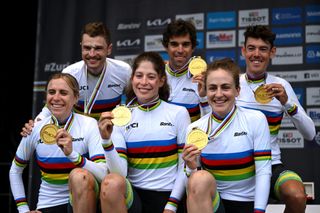 ZURICH SWITZERLAND SEPTEMBER 25 Gold medalists Michael Matthews Ben Oconnor Jay Vine Grace Brown Brodie Chapman Ruby RosemanGannon of Team Australia pose on the podium during the 97th UCI Cycling World Championships Zurich 2024 Mixed Relay Team Time Trial a 537km one day race from Zurich to Zurich on September 25 2024 in Zurich Switzerland Photo by Dario BelingheriGetty Images