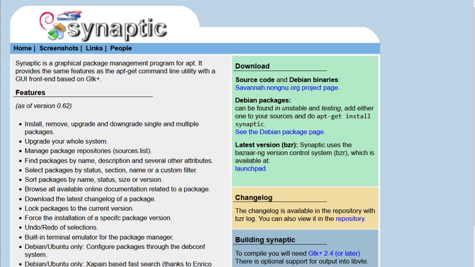 Synaptic Package Manager website screenshot (May 2025).