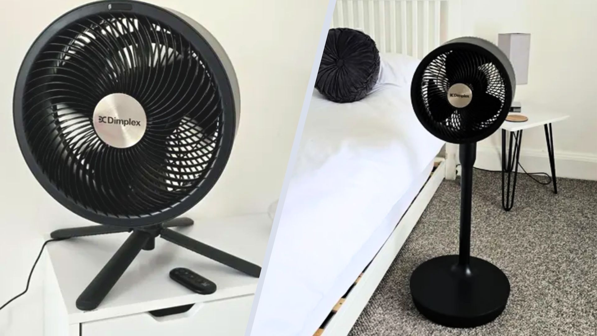 Dimplex Smart Cordless 2-in-1 Fan in bedroom with grey carpet