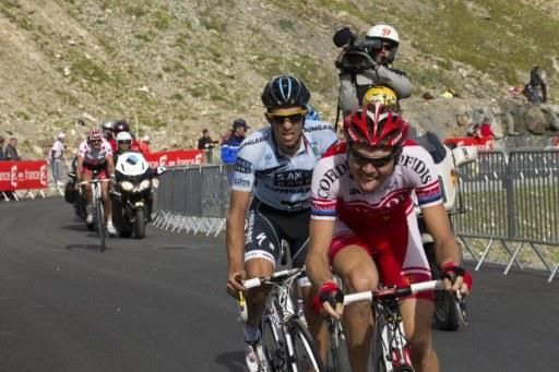 Alberto Contador (Saxo Bank Sungard) hangs on up the climb.