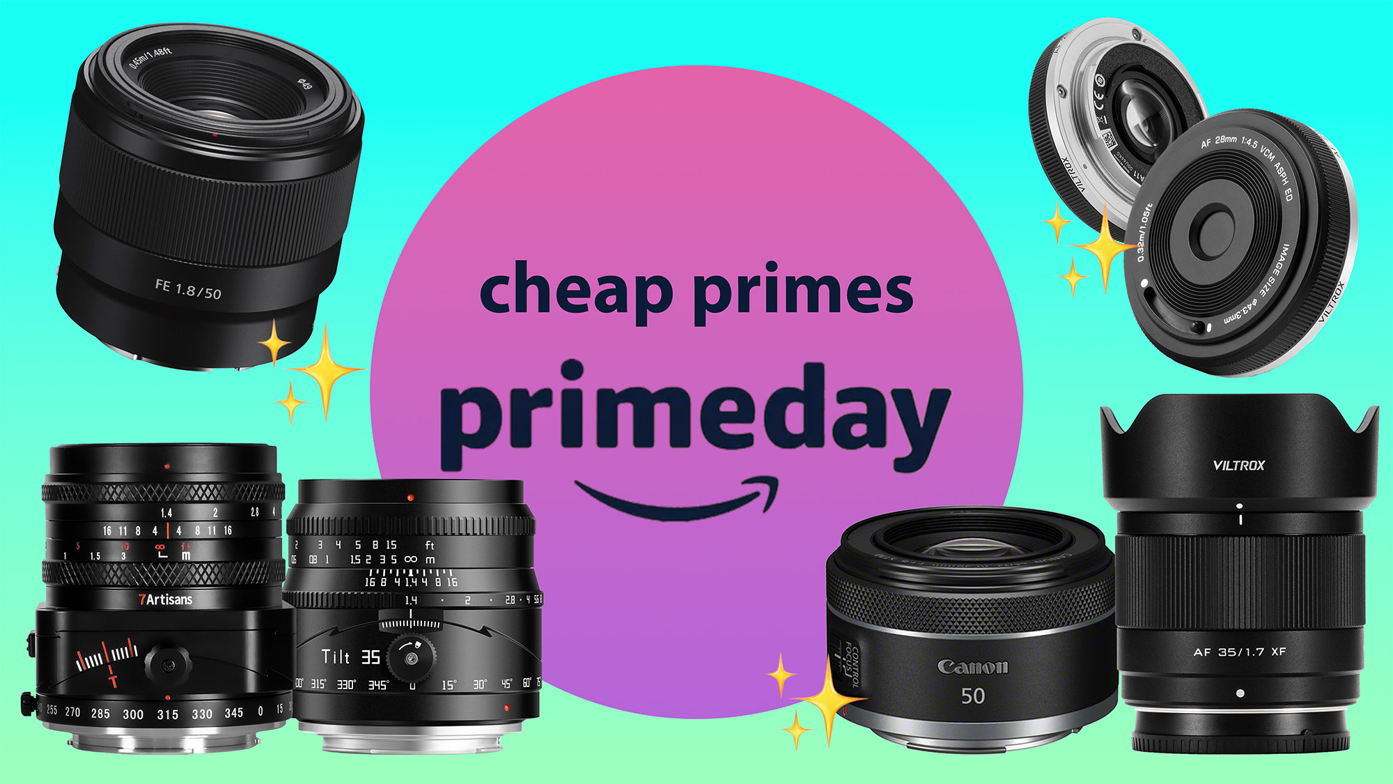 Sony / Canon / 7Artisans / TTArtisan / Viltrox lenses on a green to blue gradient with a giant purple &#039;primeday&#039; roundel 