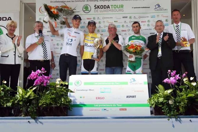 Paul Martens (Blanco) flanked by Mathias Brandle (IAM Cycling) and Jonathan Hivert (Sojasun) on the final podium of the Tour of Luxembourg.