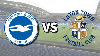 The Brighton & Hove Albion and Luton Town club badges on top of a photo of The Amex Stadium in Brighton, England