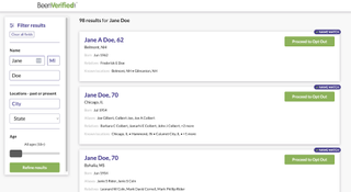 Search results on the BeenVerified search showing multiple records for Jane Doe.