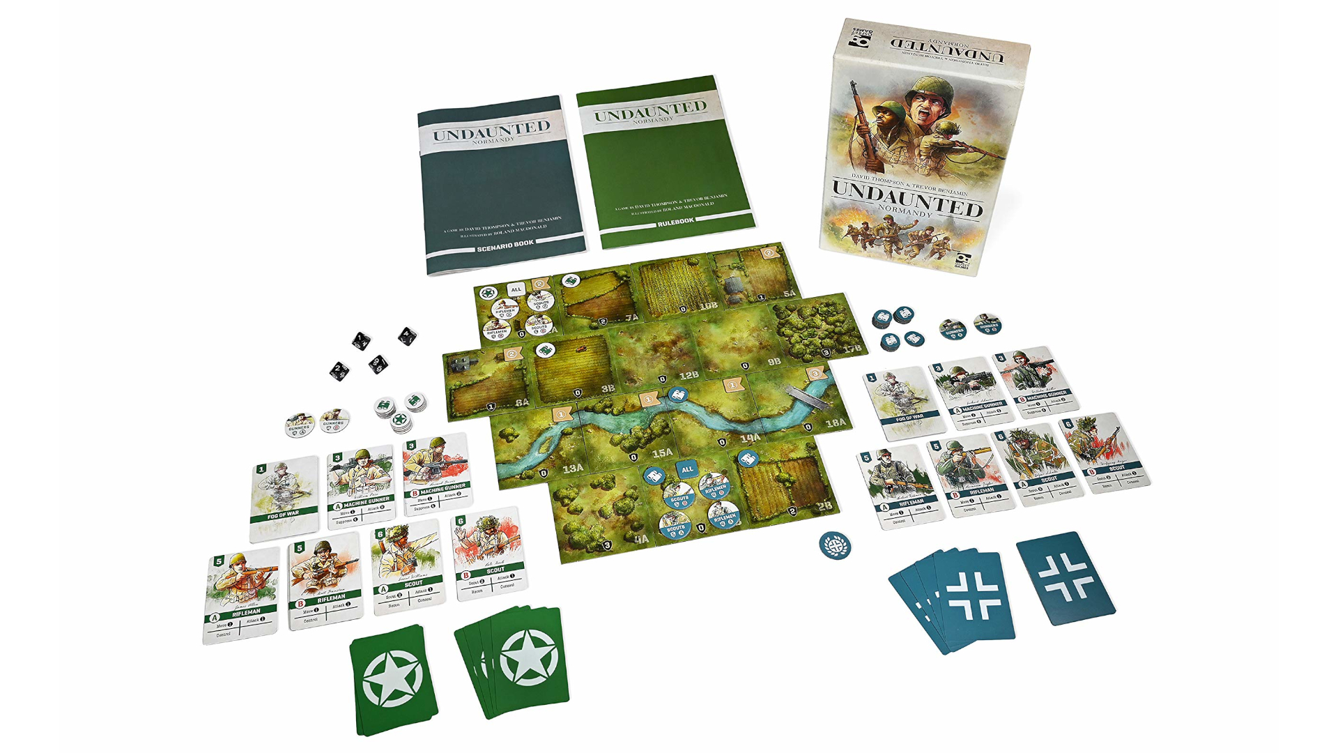 Box, cards, and pieces of Undaunted: Normandy