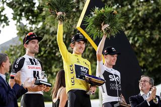 Geraint Thomas (Team Sky) on the final podium at the Tour de France, with Tom Dumoulin (Sunweb) and Chris Froome (Team Sky)