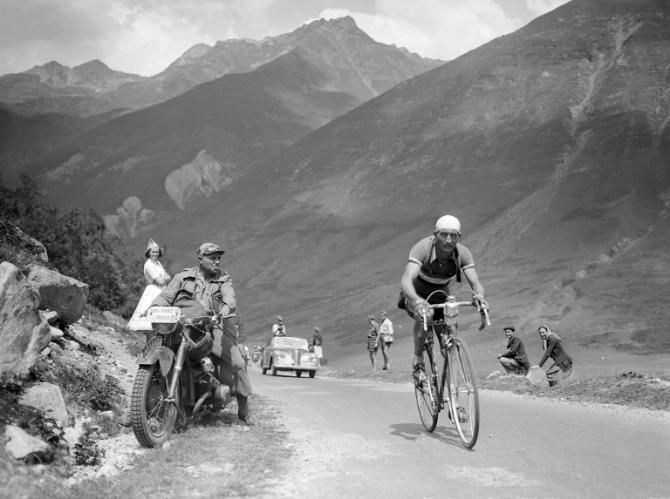 Italian rider Gino Bartali in the Pyrenees mountains during the 11th stage of the 1950 Tour de France.