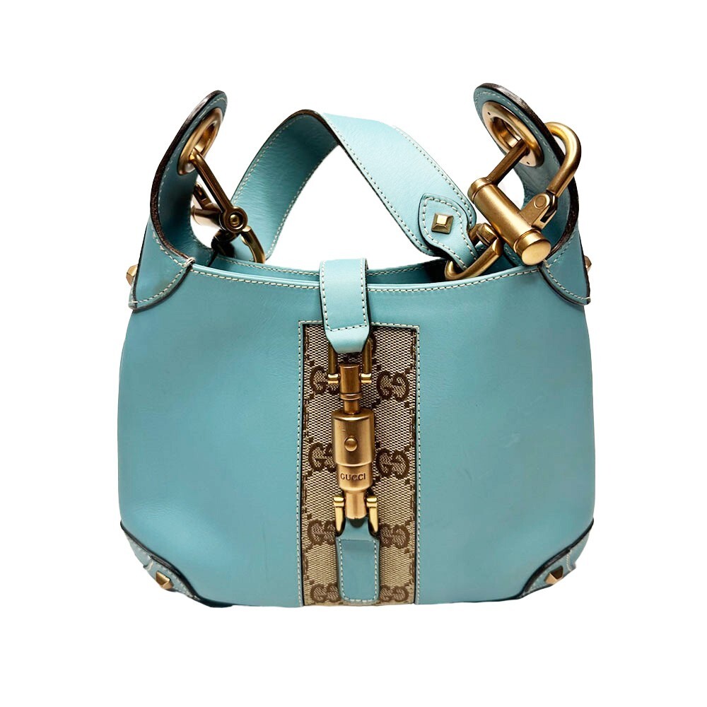 Gucci Nailhead Mini Hobo Bag With Blue Leather and Gg Canvas