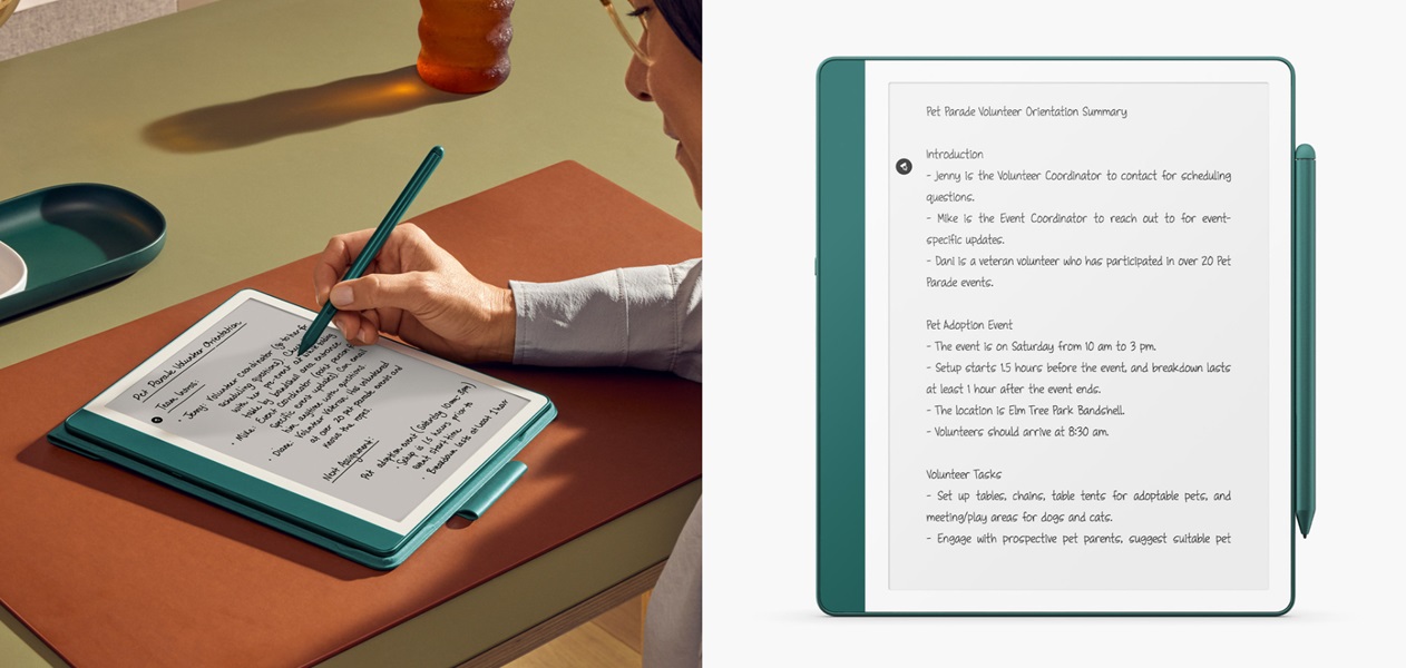 Amazon's 2024 Kindle Scribe features AI summarization for notes.