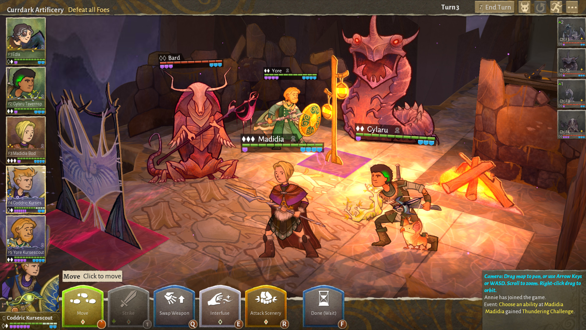 Three heroes in the middle of a turn-based fight during the RPG Wildermyth.