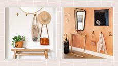 Beige checked background with modern orange small entryway with mirror and wall decor and cream hallway