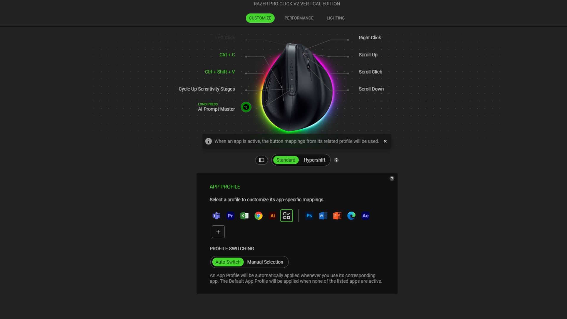 Razer Synapse 4 software with Pro Click V2 Vertical mouse connected