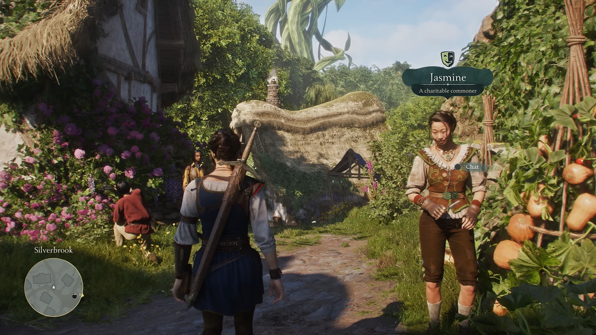 Fable screenshot showing the player character walking down a street and an a character called Jasmine can be seen on one side, with a "charitable commoner" descriptor above her head