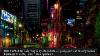A city street at night. A narrator says, "When I wished for something in my head besides crippling guilt and and encyclopedic knowledge of ecchi, I didn't mean cyberware."