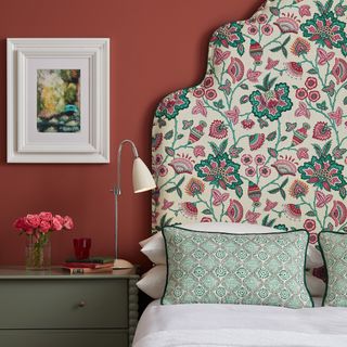 bedroom paint ideas, red bedroom with floral upholstered headboard