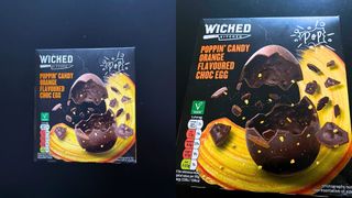 Two images of the Tesco Wicked Kitchen Orange Popping Candy vegan Easter egg.
