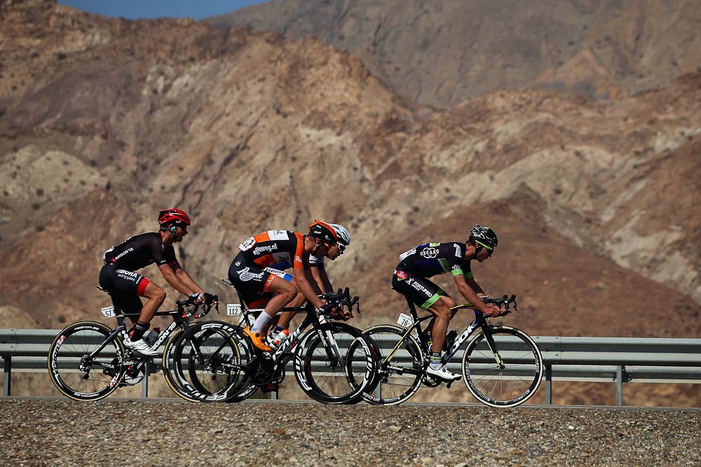 Pierre-Luc Perichon of France and Fortuneo Vital Concept leads the breakaway group during stage two of the 2016 Tour of Oman