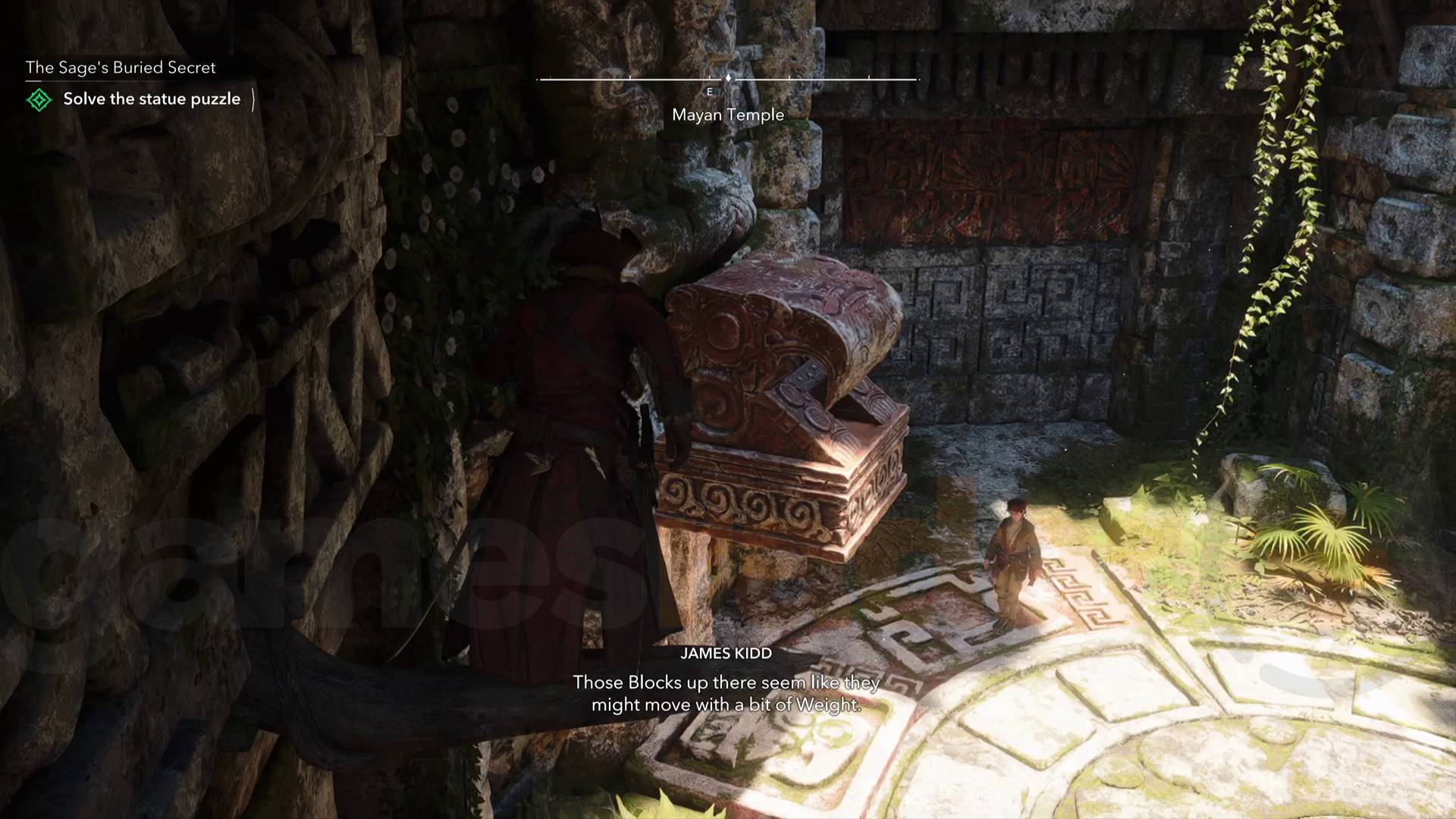 Assassin's Creed Black Flag Resynced edward preparing to leap to a large red statue in an overgrown ruined mayan temple for a puzzle