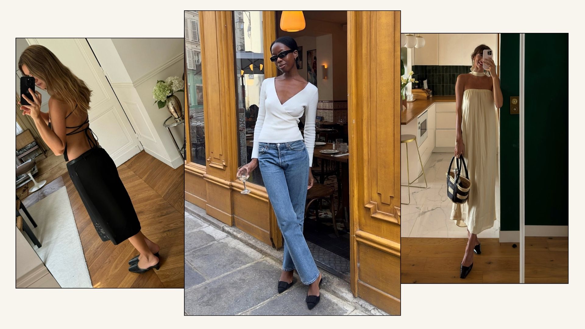 French influencers wearing black closed toe mules with jeans, skirts and dresses