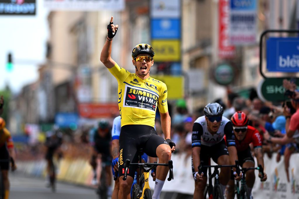 LE COTEAU FRANCE JUNE 06 Christophe Laporte of France and Team JumboVisma Yellow leader jersey celebrates at finish line as stage winner during the 75th Criterium du Dauphine 2023 Stage 3 a 1941km stage from MonistrolsurLoire to Le Coteau UCIWT on June 06 2023 in Le Coteau France Photo by Dario BelingheriGetty Images