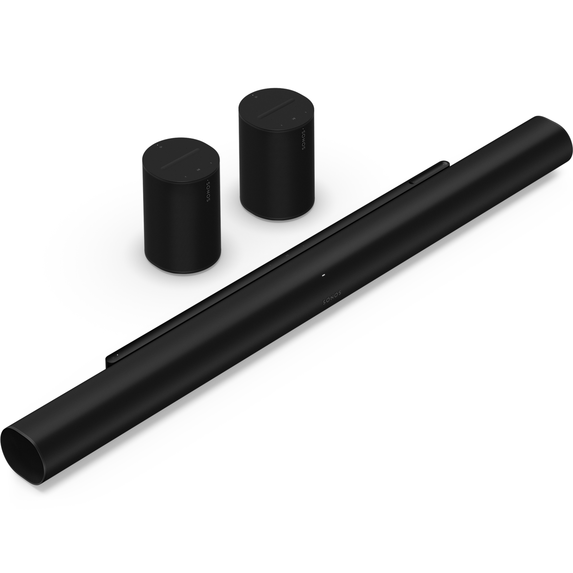 Sonos Arc Ultra and two Sonos speakers against white background.