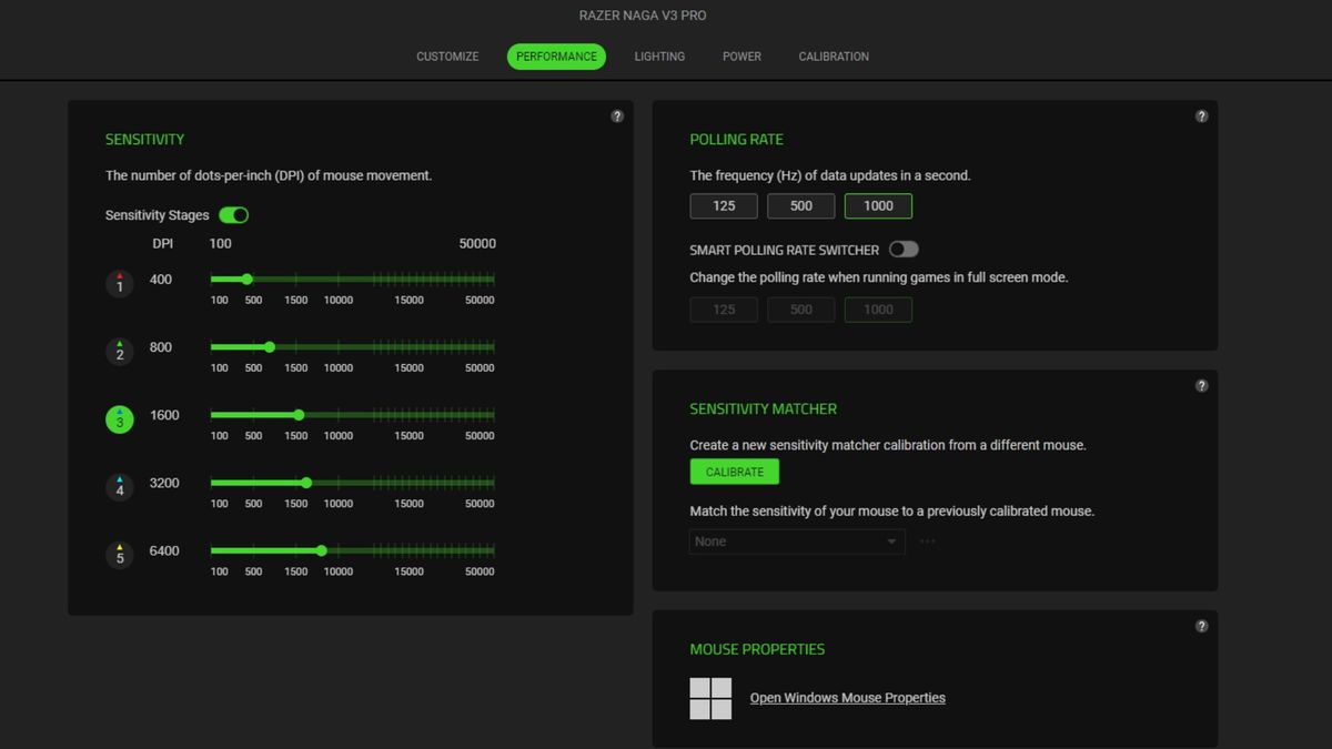 Razer Synapse software, showing off the Naga V3 Pro and its performance tab