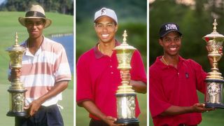 Tiger Woods holding the trophy after his three US Amateur Championship wins
