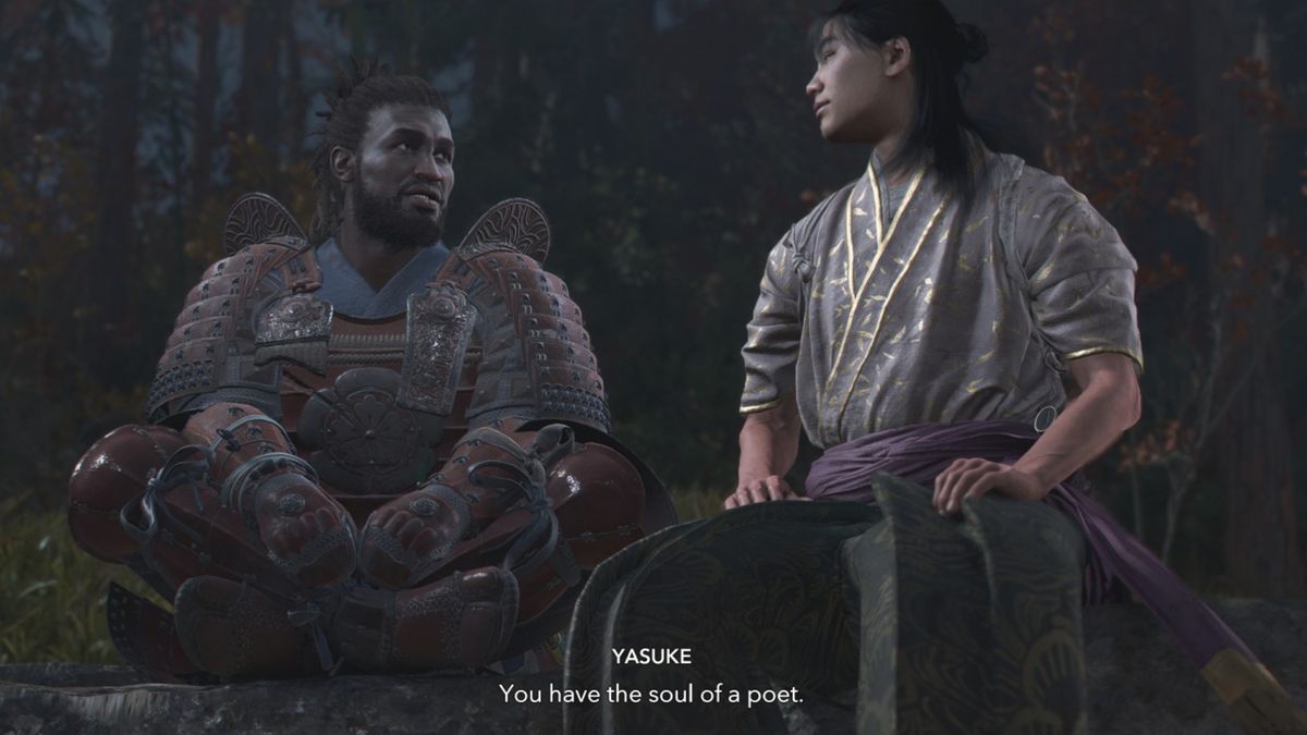 Assassin's Creed Shadows romance options - Yasuke sitting down to talk to Ibuki outside at night.