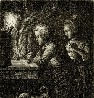 An old drawing of two people lighting a sparkler.
