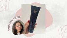 Image of hand holding purple tube of Oribe Supershine Moisturising Cream, on a white marble background with pink swirls and shapes, pink 'tried and tested' banner and a circular photo of Sennen Prickett