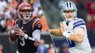 (L to R) Joe Burrow #9 of the Cincinnati Bengals and Cooper Rush #10 of the Dallas Cowboys will face off in the Bengals vs Cowboys live stream