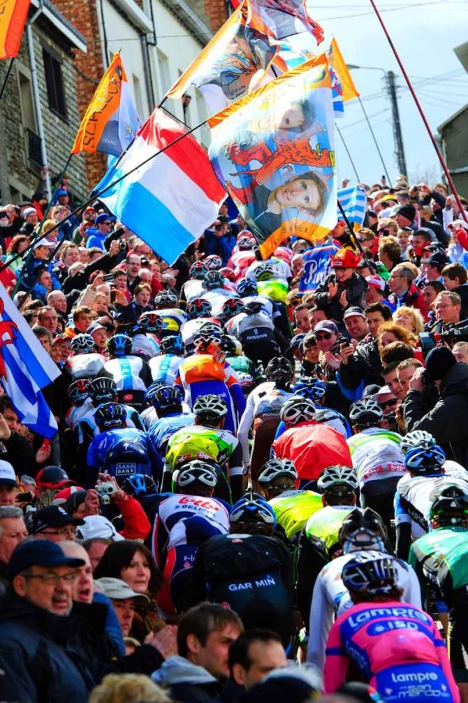 The shot we've all seen a million times before: the peloton on the brutally steep Cote St. Roch during the early going at Liege-Bastogne-Liege