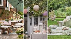 Three pretty outdoor spring decor ideas. Left is of a white dining table set with wooden benches, colorful glasses, plates, and flowers, with a green and white outdoor rug and flowers around, middle is pink, white, and purple lanterns in a green tree hanging over a pink dining table with white lamps, candles, and pink candlesticks, with a white gazebo behind it, and one with a garden area with a white hammock and hanging chair adorned with green, pink, and white floral pillows and throws, and a picnic area on the lawn with pillows, throws, and a basket