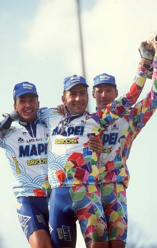 The all Mapei podium of 1998 with Wilfried Peeters, Franco Ballerini and Andrea Tafi