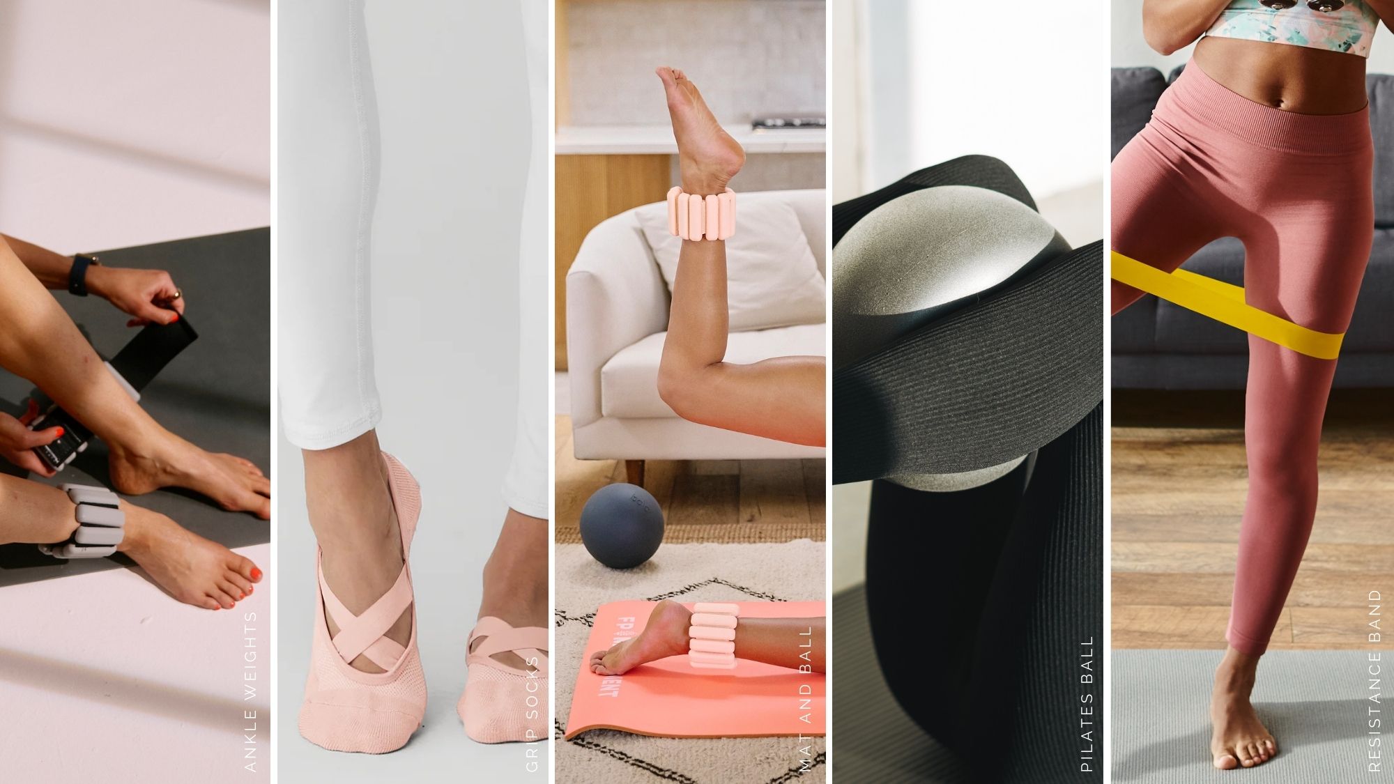 composite of five women using various pilates accessories 