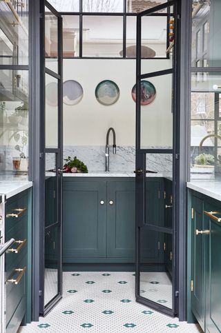 Blue pantry with glass doors