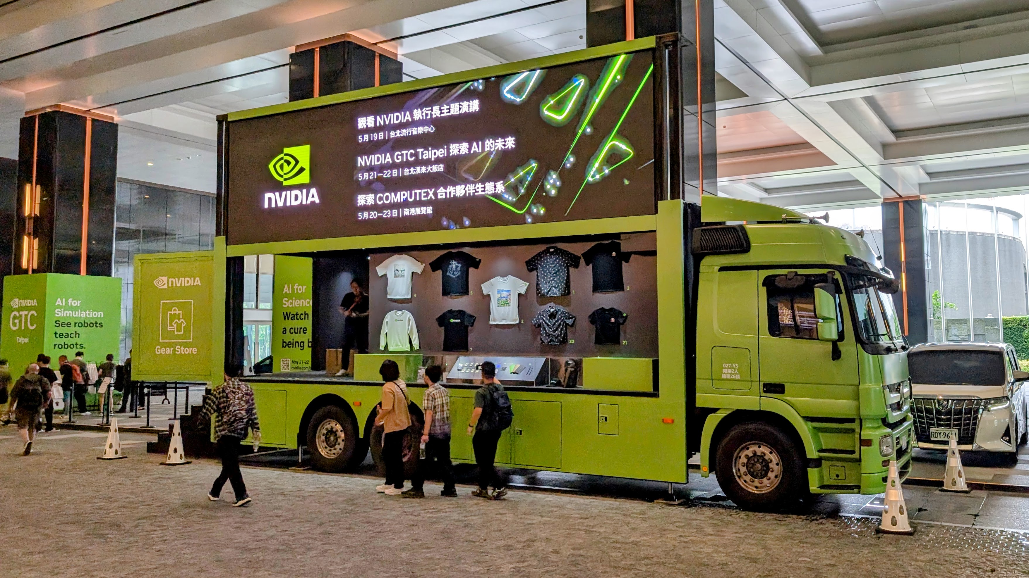Nvidia merch truck parked outside hotel at Computex 2025