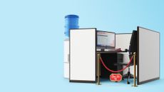 Illustration of an office cubicle roped off with a sign saying 'Over 55s only'