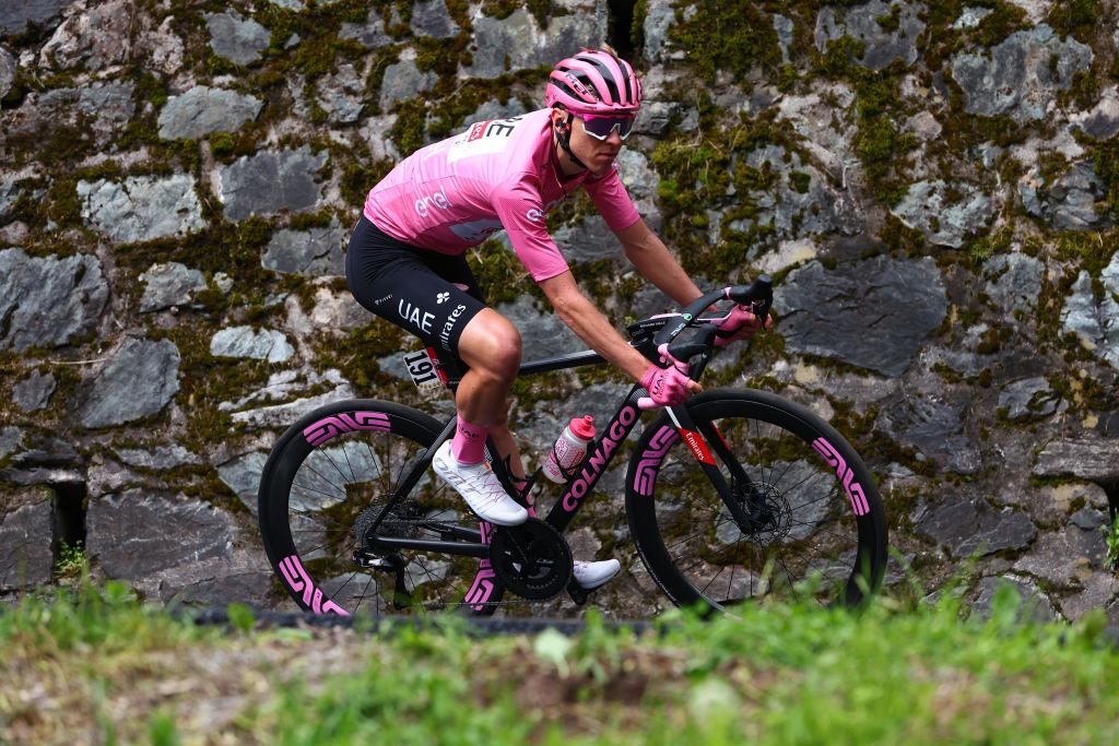 Team UAE's Slovenian rider Tadej Pogacar rides during the 19th stage of the 107th Giro d'Italia cycling race, 157km between Mortegliano and Sappada on May 24, 2024. (Photo by Luca Bettini / AFP)