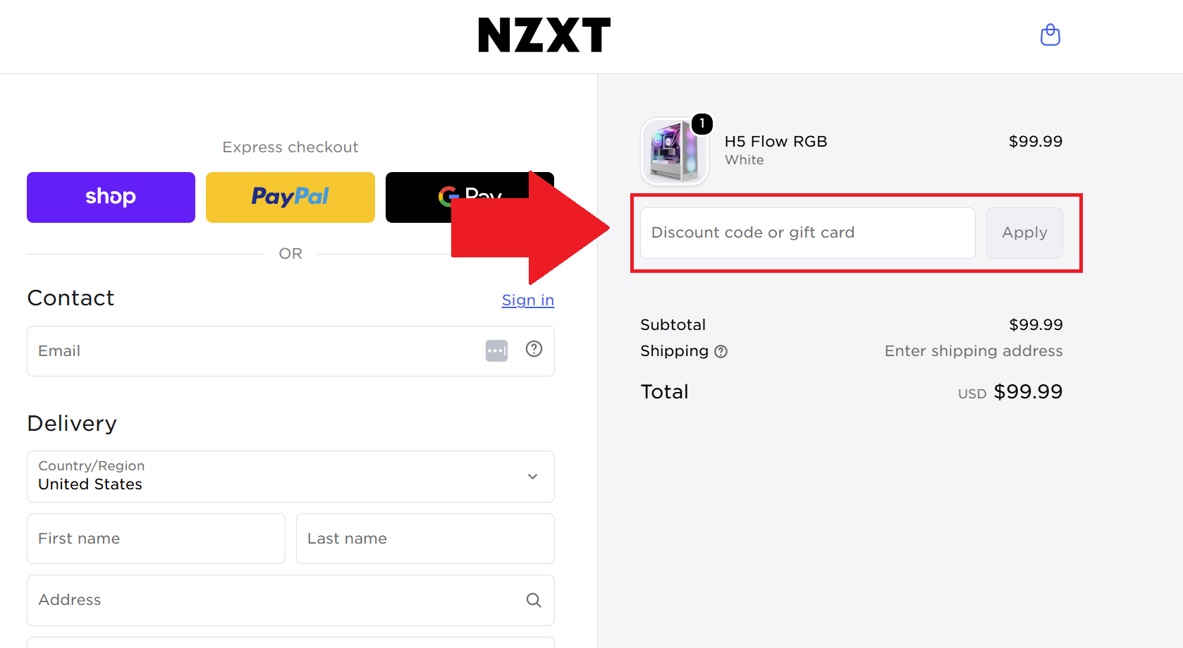 A screenshot of the NZXT checkout page showing where to enter an NZXT coupon code