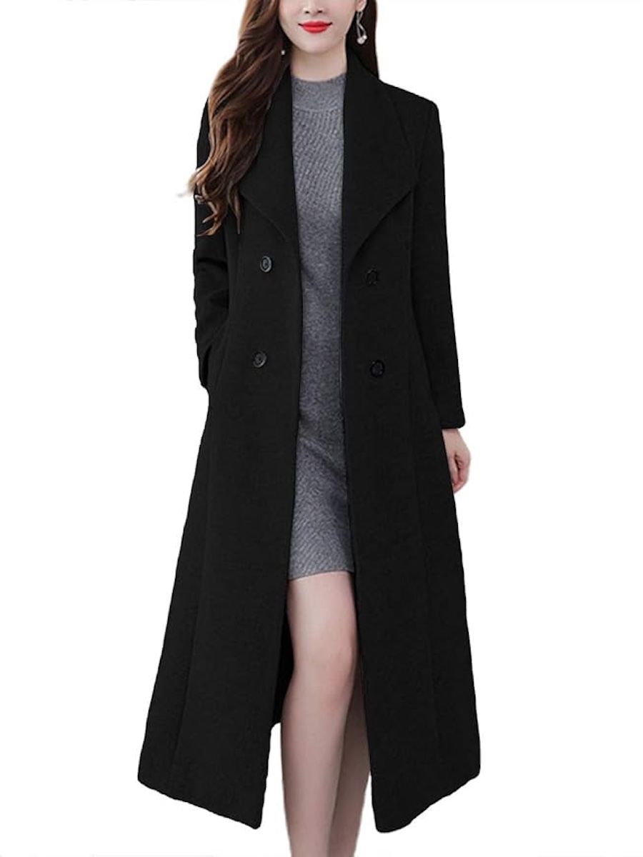 chouyatou, Chouyatou Women's Chic Shawl Collar Work Double Breasted Maxi Long Wool Pea Coat (small, Black)
