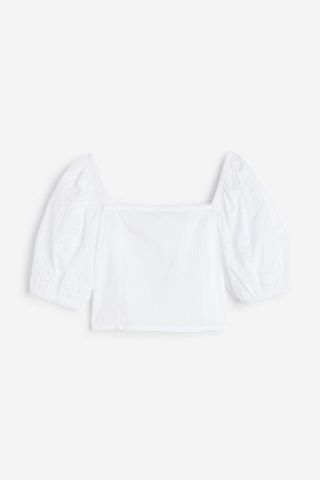 H&M, Puff-Sleeved Blouse in white eyelet