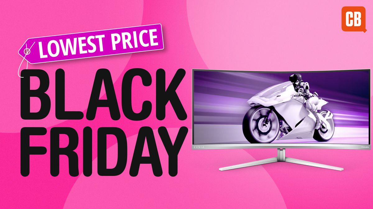 A Philips Evnia 34M2C8600 monitor on a pink background next to text saying Black Friday, lowest price